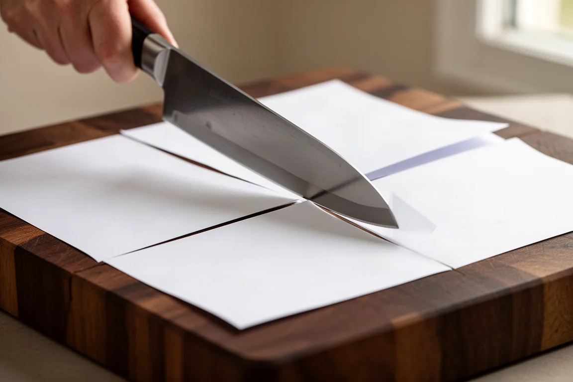 Ein Kochmesser schneidet sauber durch ein horizontal gehaltenes Blatt Papier