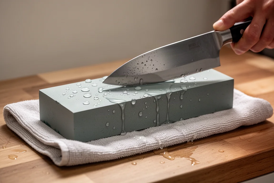 Ein in Wasser eingeweichter Wetzstein, ein Messer im Schleifwinkel darauf abgelegt