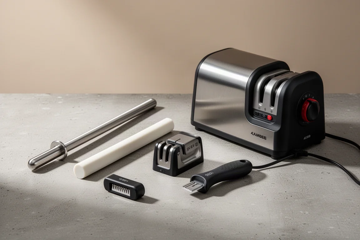 Collection of honing rods, manual sharpeners, and an electric sharpener on a concrete surface