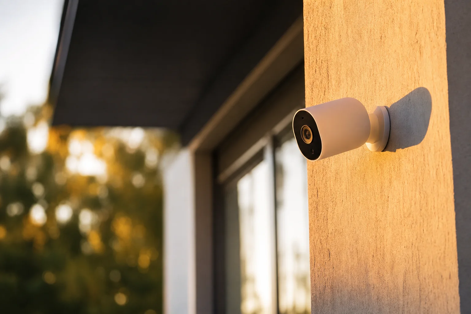 Security camera mounted on home exterior wall at dusk with golden hour light
