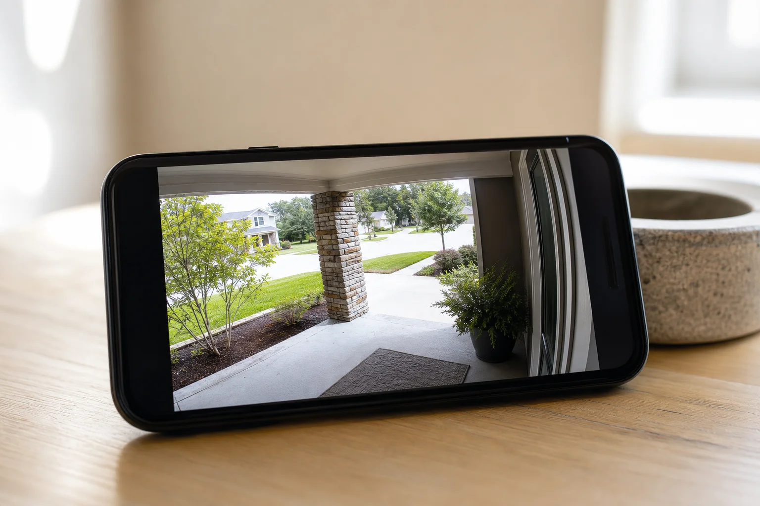 Smartphone displaying Google Home app with live security camera feed