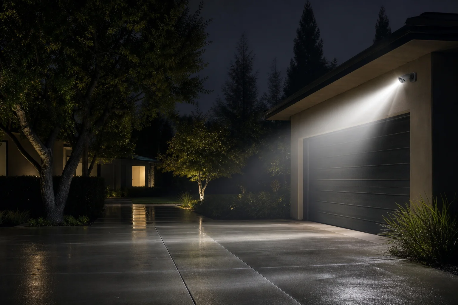 Outdoor driveway at night illuminated by security camera spotlight beam