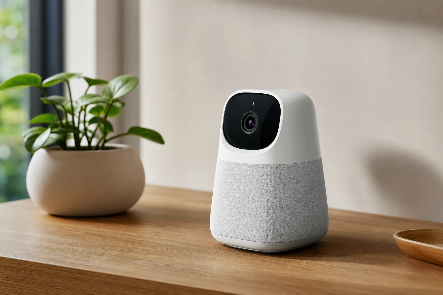 Smart home hub with integrated camera on modern desk with plant