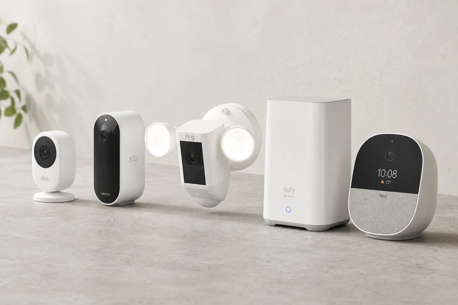 Five home security cameras arranged on concrete surface representing budget to premium options