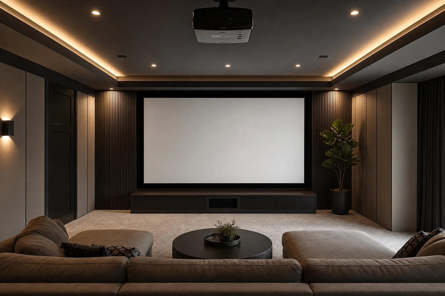 Sala home theater con proiettore a soffitto e grande schermo