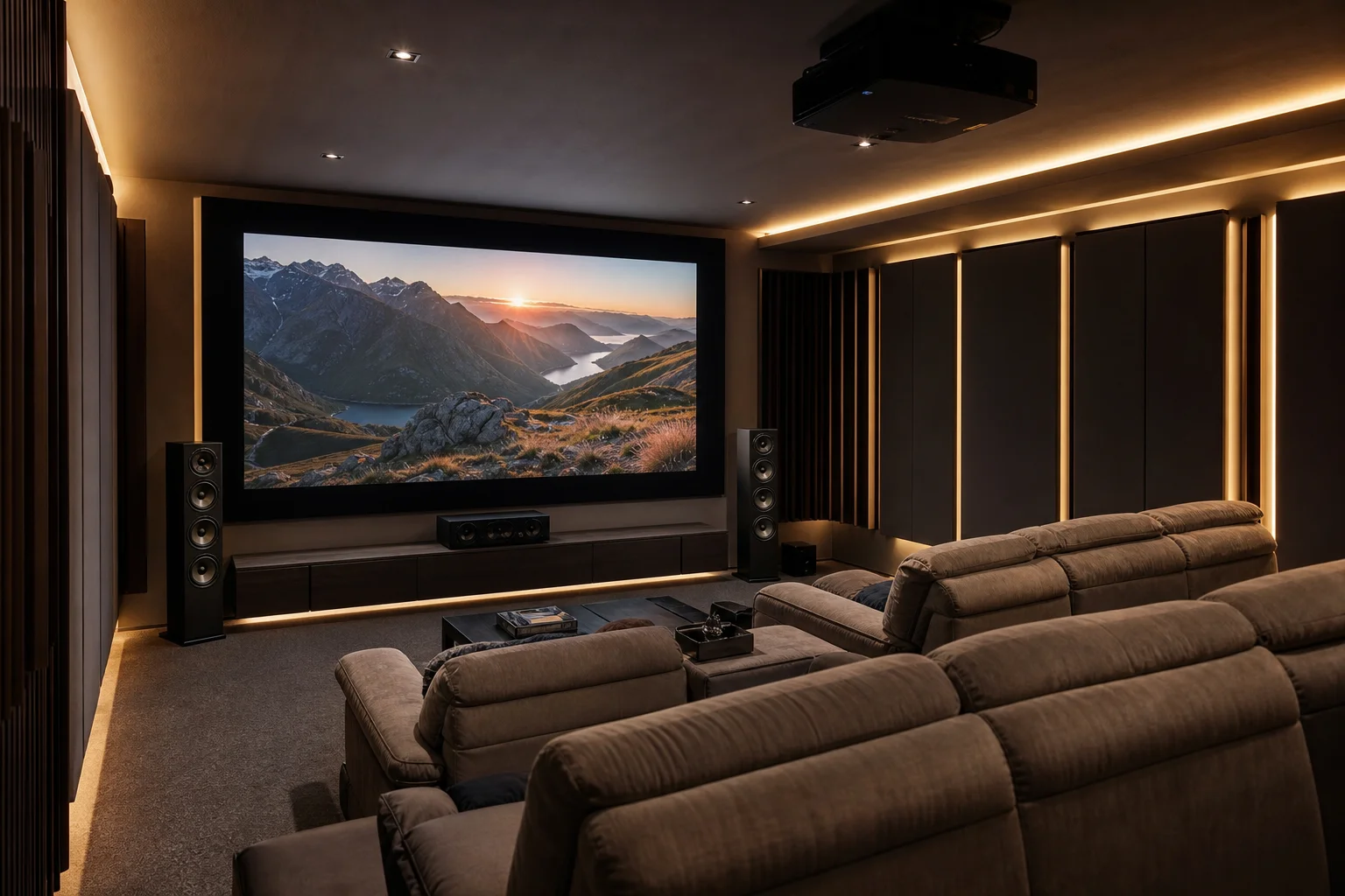 Configurazione home theater premium con grande schermo e acustica professionale