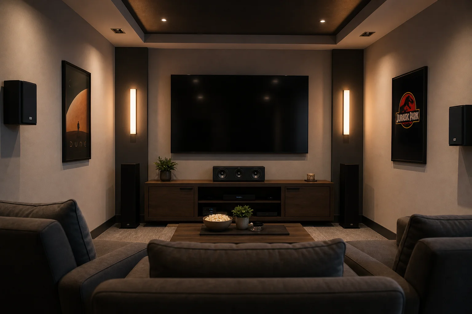 Sala home theater con diffusori surround montati a parete e canale centrale su mobile TV