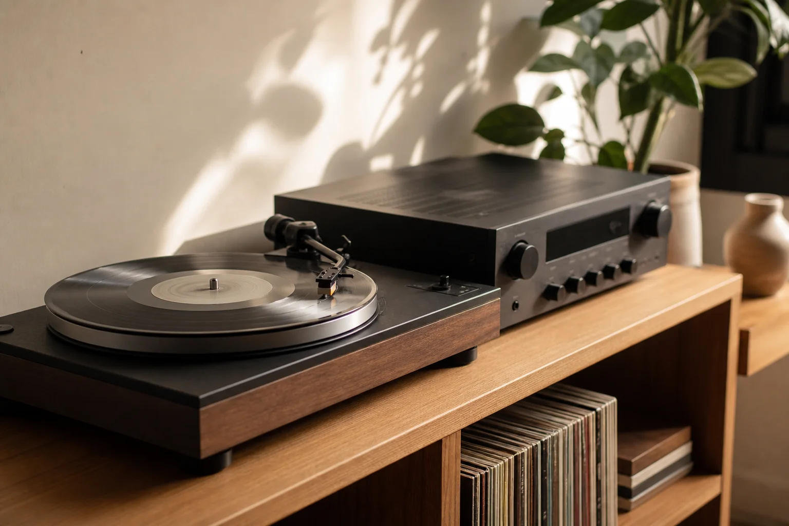 Giradischi con vinile su superficie in legno accanto ad apparecchiature audio