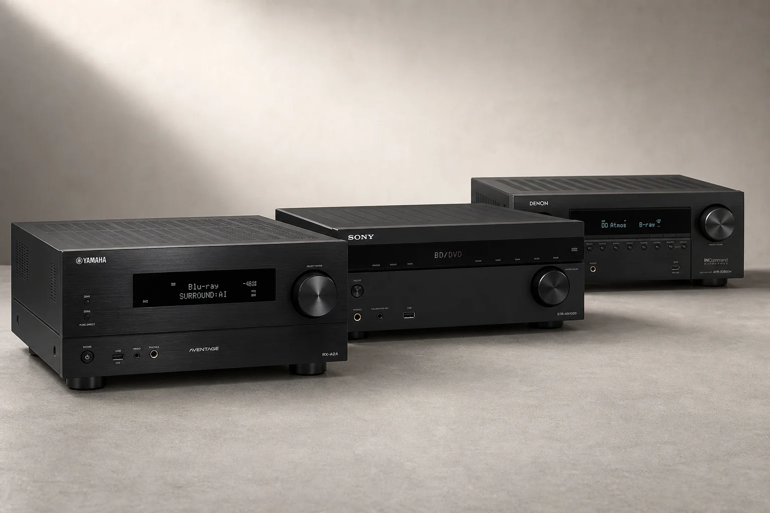 コンクリートの床に並べられたYamaha RX-A2A、Sony STR-AN1000、Denon AVR-X2800Hの3台のAVレシーバー