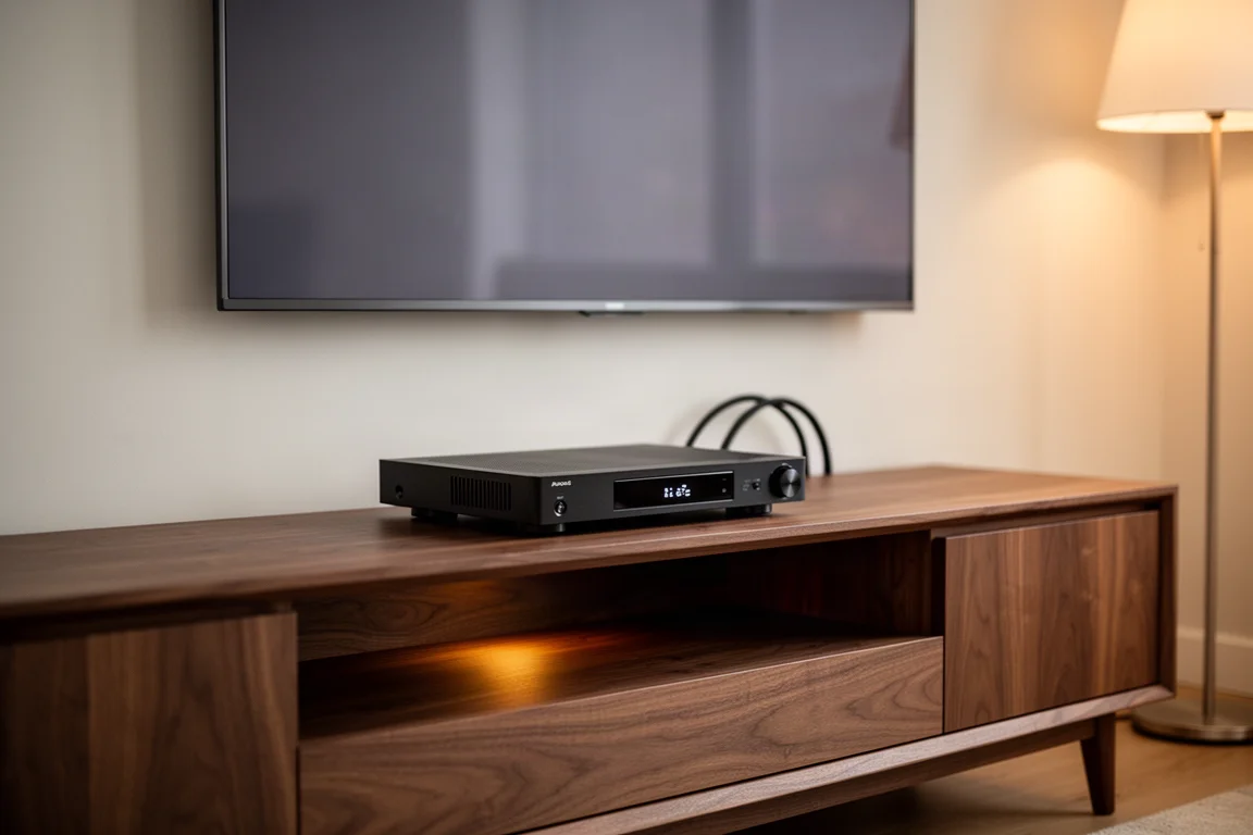 Slim black AV receiver resting on a walnut media console shelf in a softly lit living room