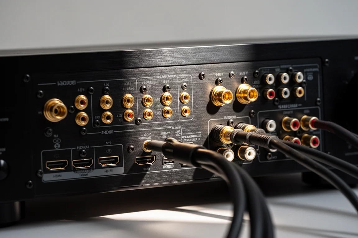 Close-up of a receiver rear panel with speaker binding posts, HDMI ports and RCA connectors
