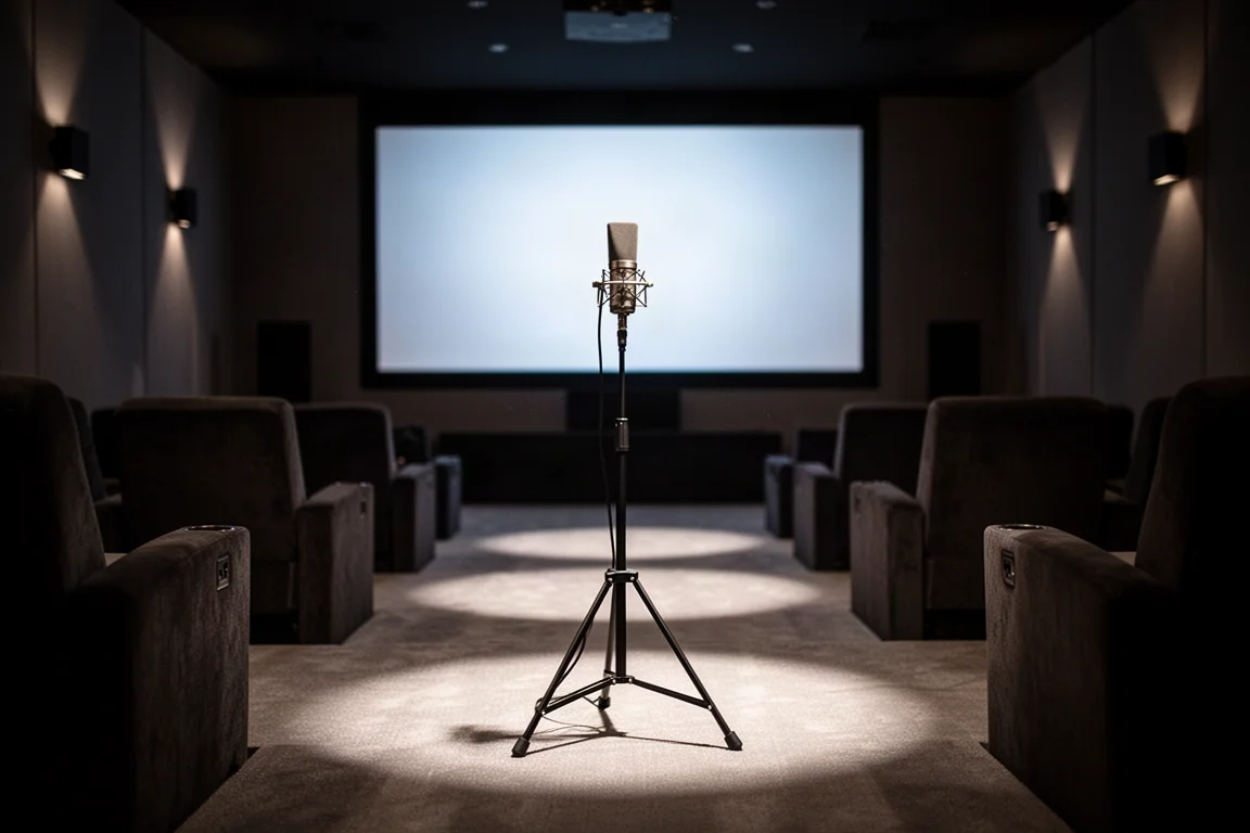 Measurement microphone on a tripod stand in a darkened home theater room