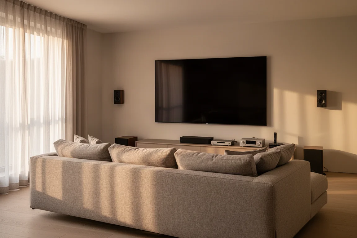 Modern living room set up for movie watching with sofa, wall speakers and low console