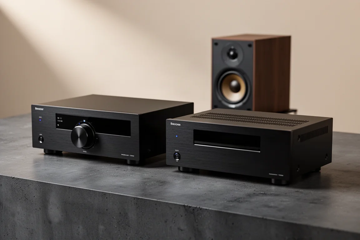 Two slim black home theater receivers and a small speaker on a charcoal concrete surface