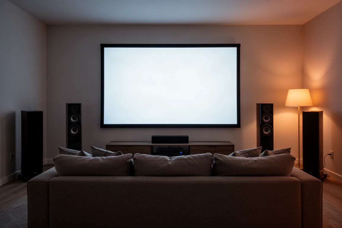 Dim living room home theater with a glowing screen and floorstanding speakers