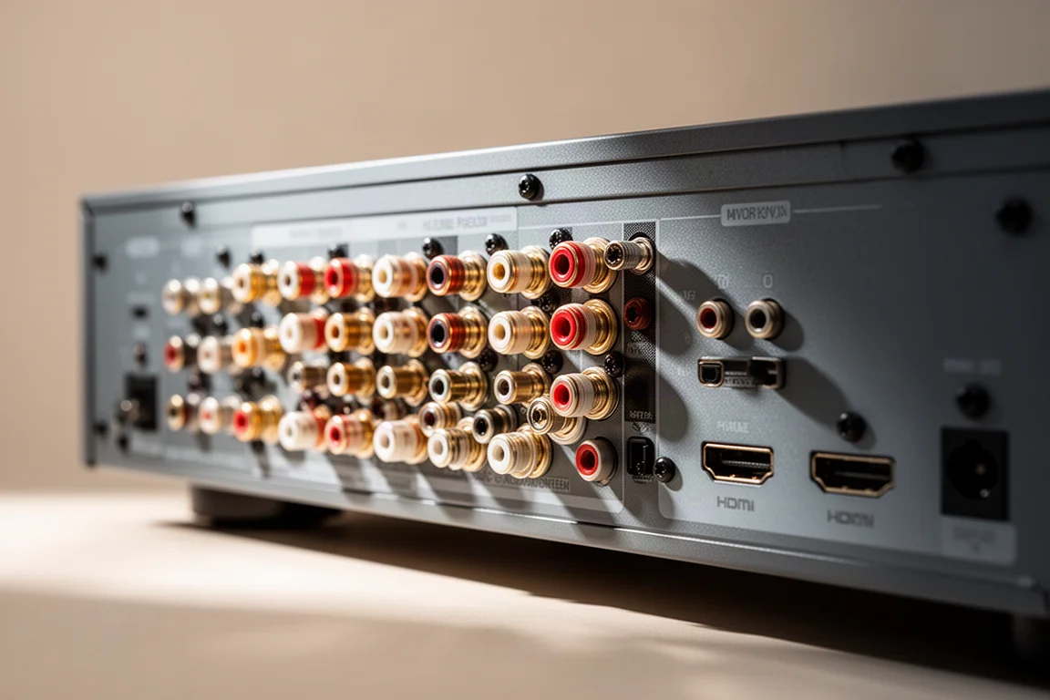 Close-up of a receiver rear panel with speaker terminals and HDMI ports