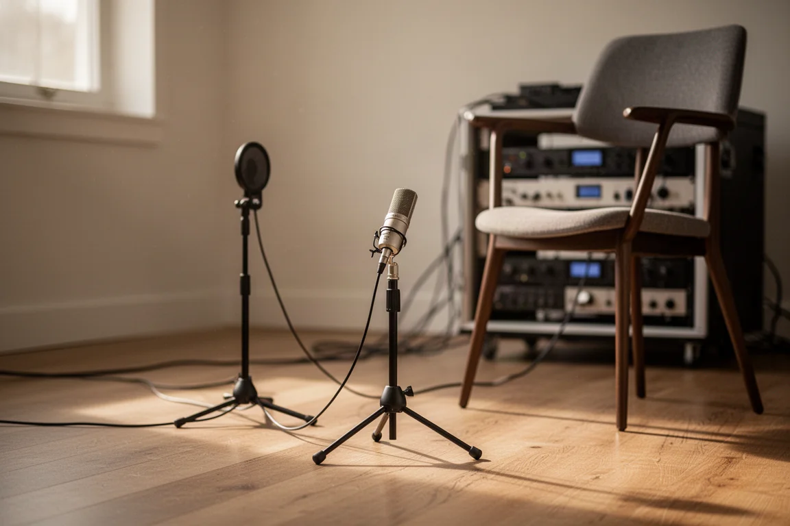Measurement microphone on a tripod in a listening room during calibration