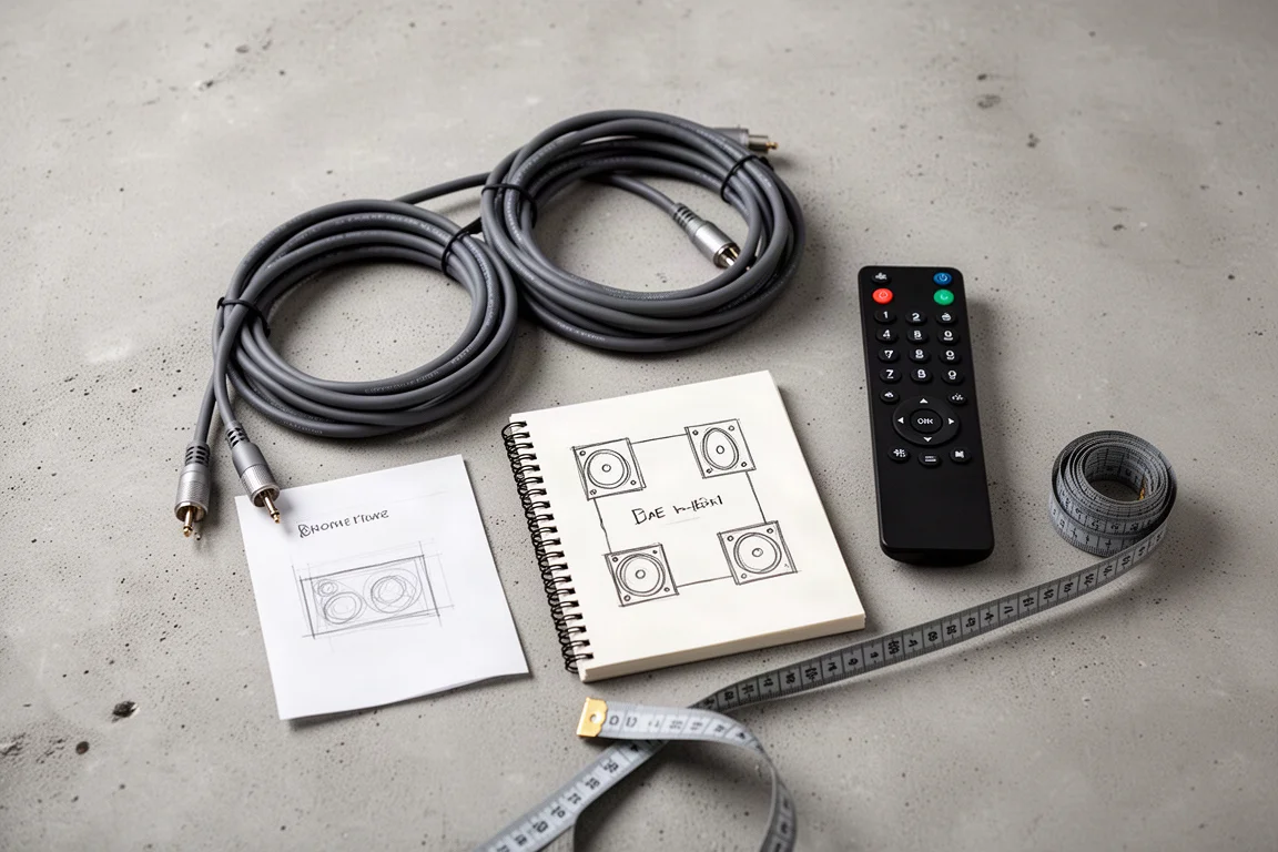 Overhead flat lay of speaker cable, notebook, remote, and measuring tape