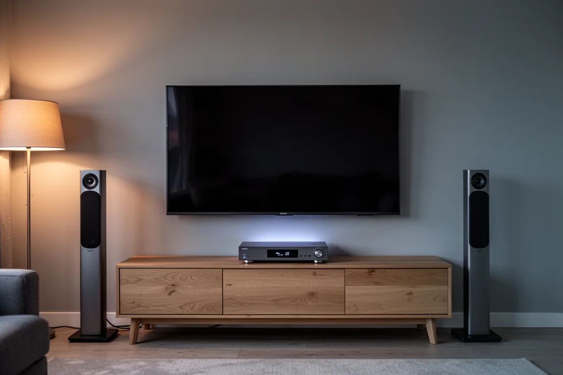 Vardagsrumsvägg med TV, golvhögtalare och en receiver på ett lågt skåp