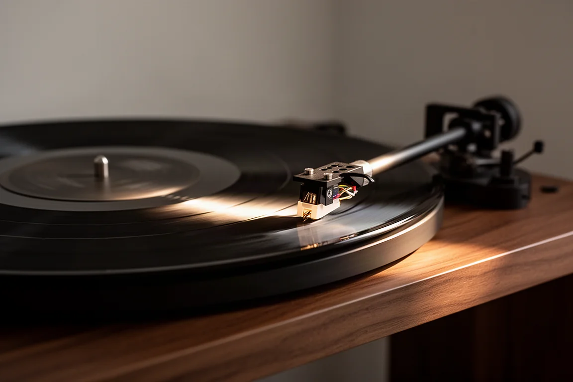 Skivspelarens tonarm vilande på en vinylskiva i varmt kvällsljus