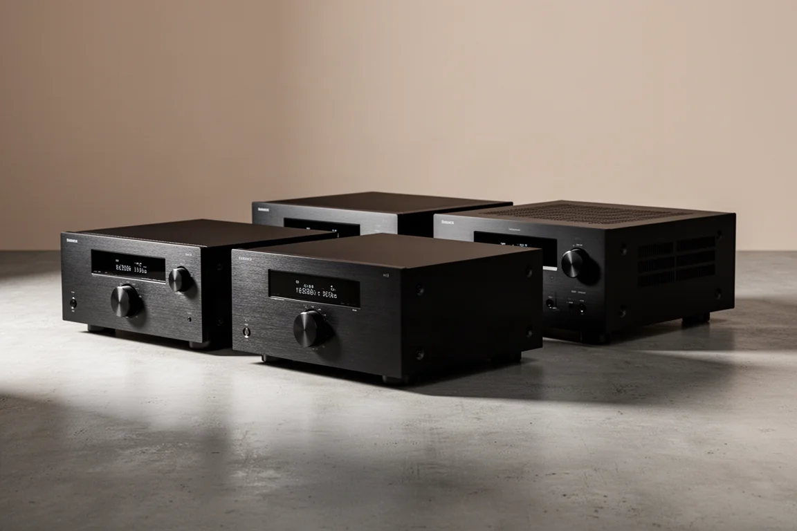 Five black home theater AV receivers arranged in a row on a concrete surface