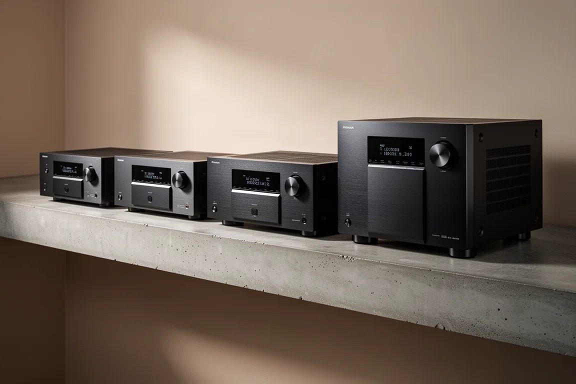 Row of home theater AV receivers on a concrete shelf, increasing in size
