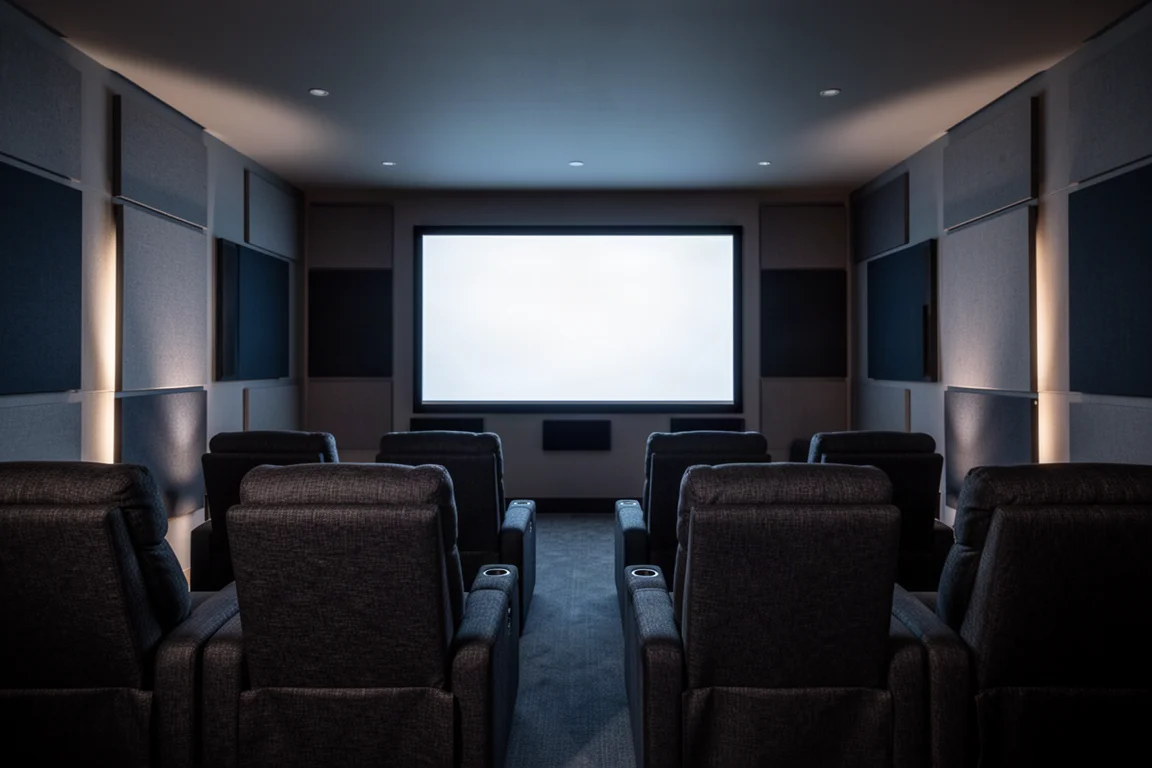 Sala multimedia con poca luz, dos filas de sillones reclinables oscuros y una pantalla encendida