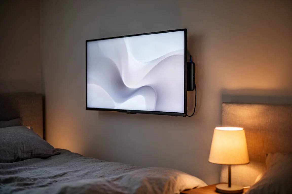 Dormitorio al atardecer con un televisor montado en la pared y un dispositivo de streaming fino detrás