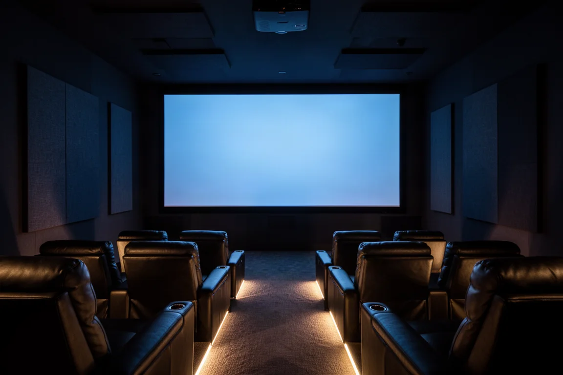 Cine en casa dedicado con una pantalla de proyección muy grande y asientos oscuros