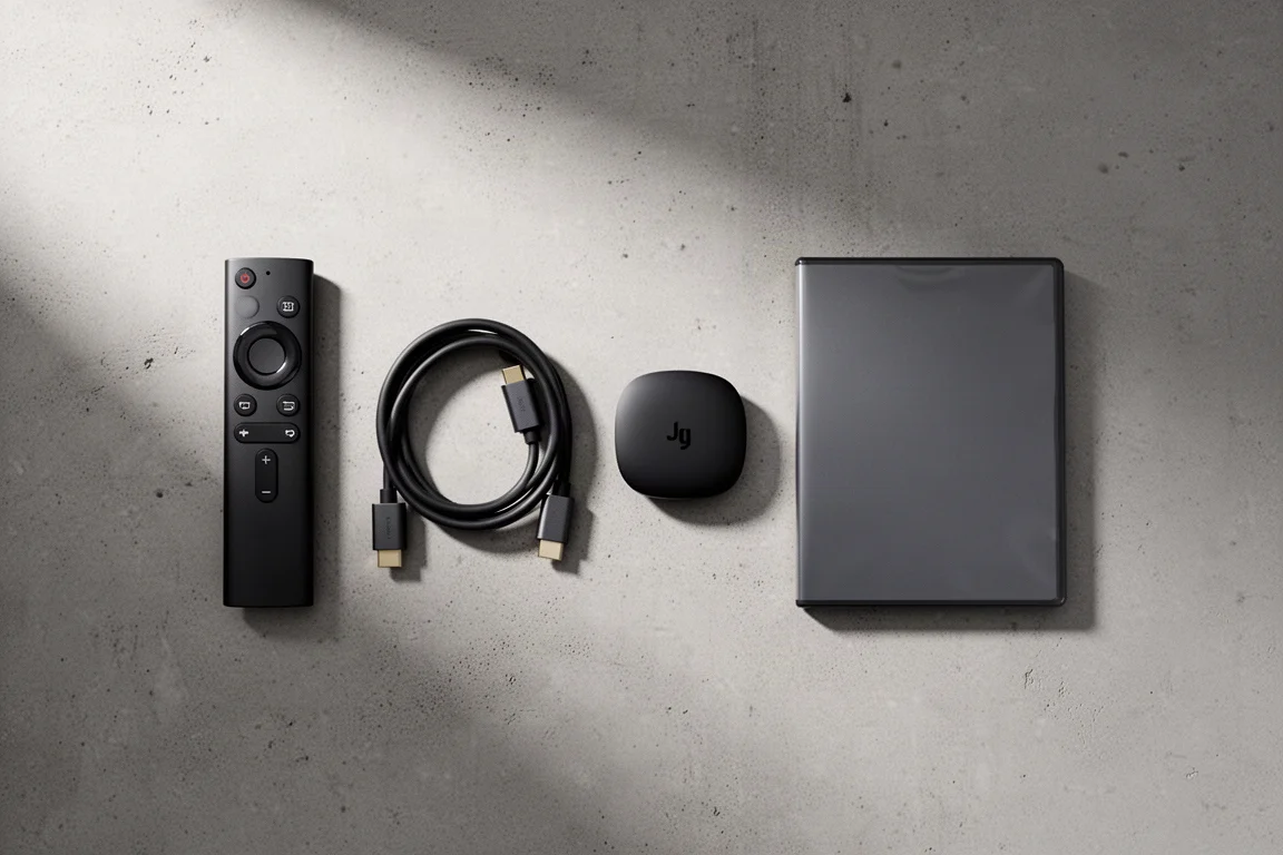 Vista cenital de un mando a distancia, un cable HDMI, un dispositivo de streaming y una caja de película