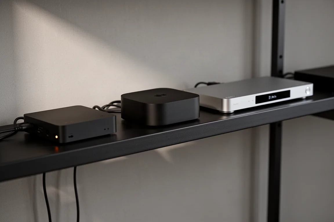Home theater shelf with compact streaming players and a slim disc player