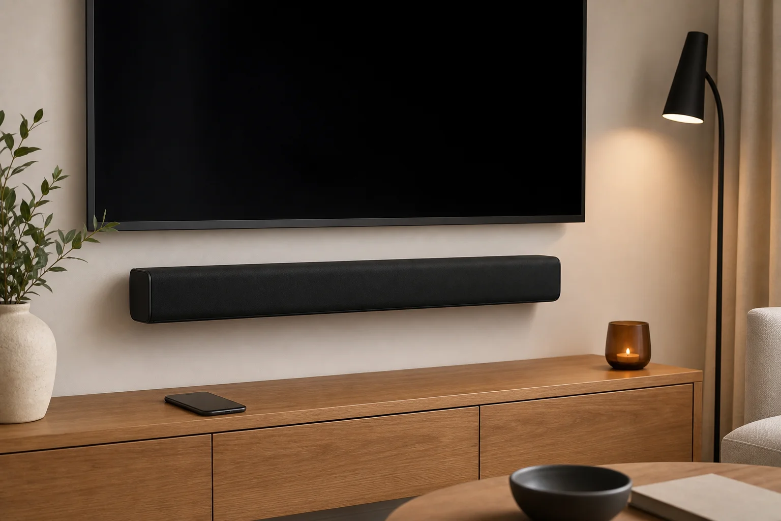 Une barre de son diffusant de la musique avec un smartphone dans un intérieur moderne