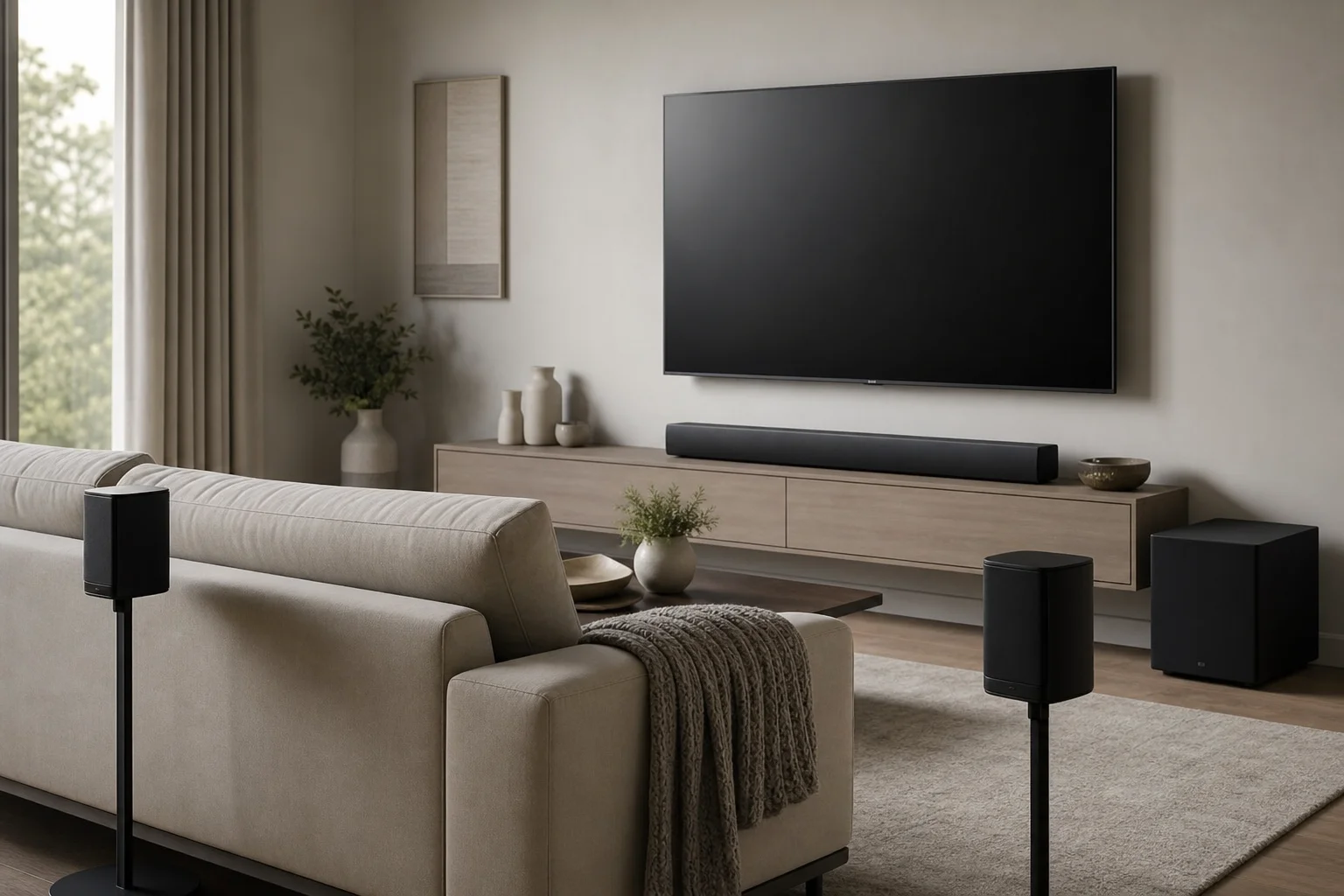 Installation home cinéma 5.1 complète avec barre de son et enceintes satellites