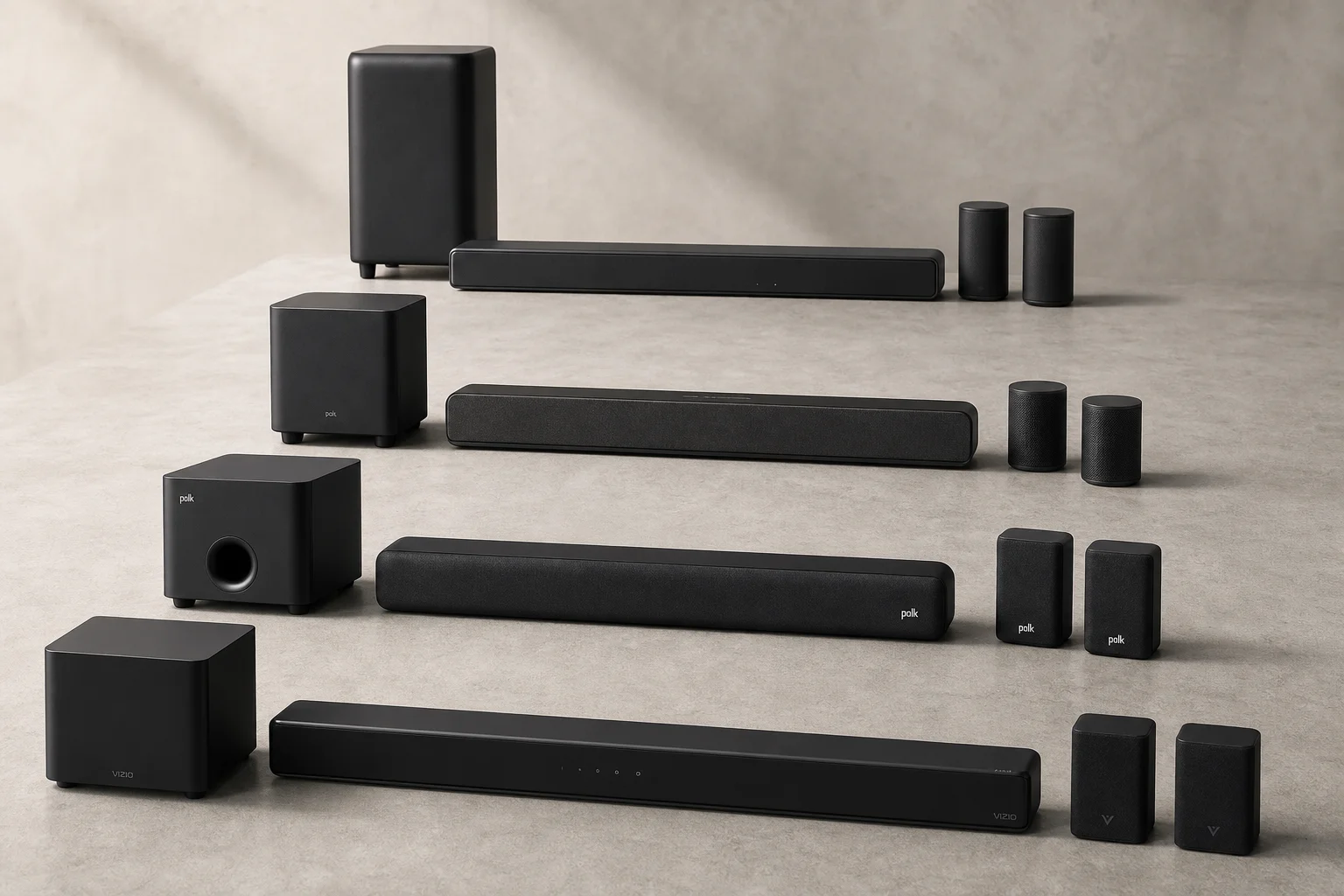 Six home theater soundbar systems displayed in a lineup on concrete surface
