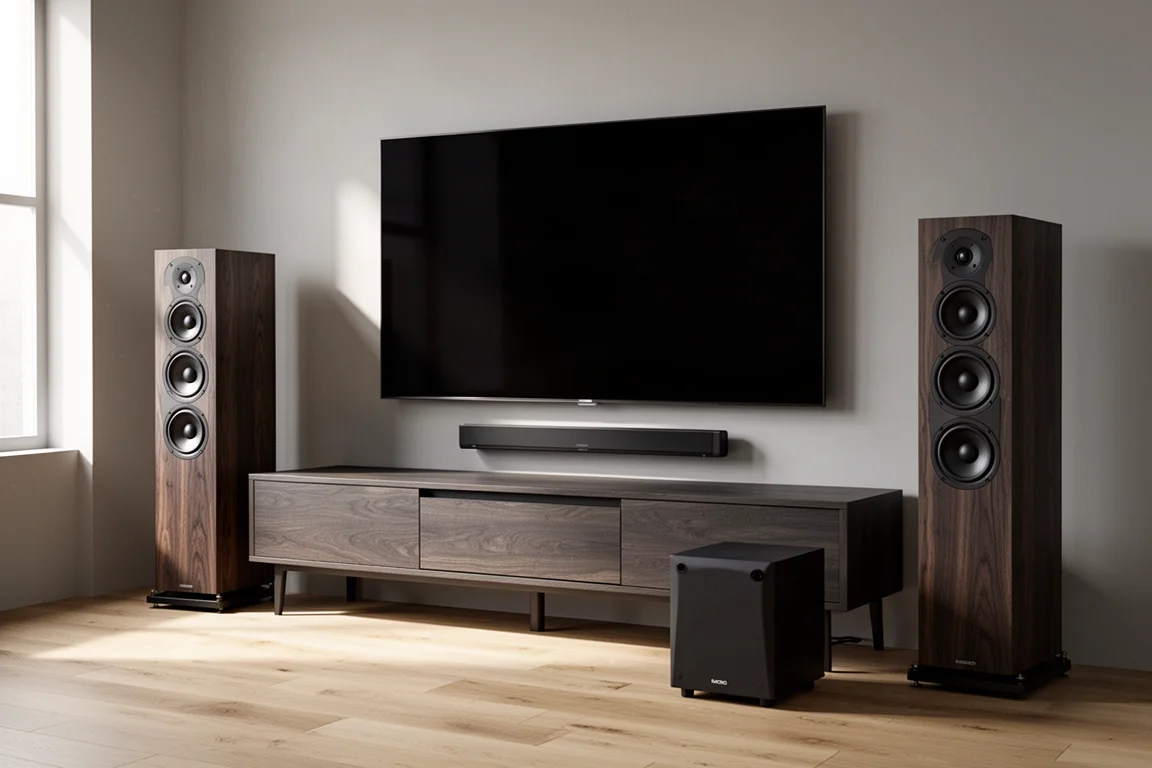 Living room home theater setup with tower speakers, a center channel, and a subwoofer