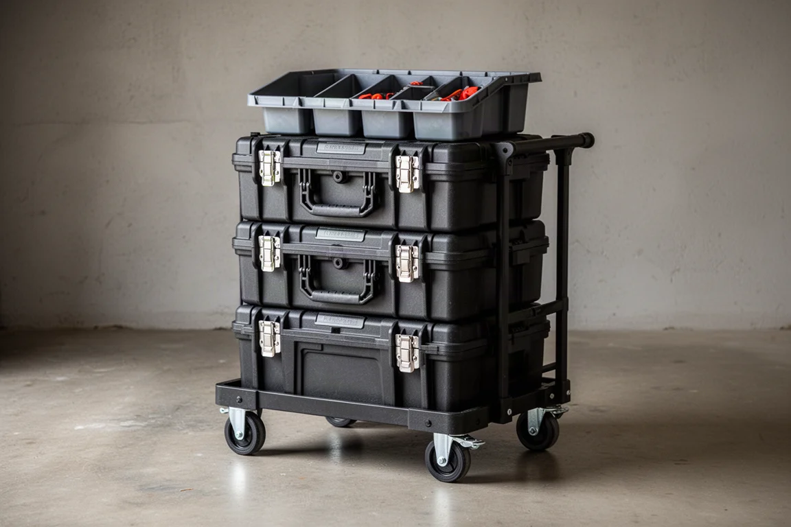 Un système modulaire de rangement d'outils empilé sur le sol d'un garage