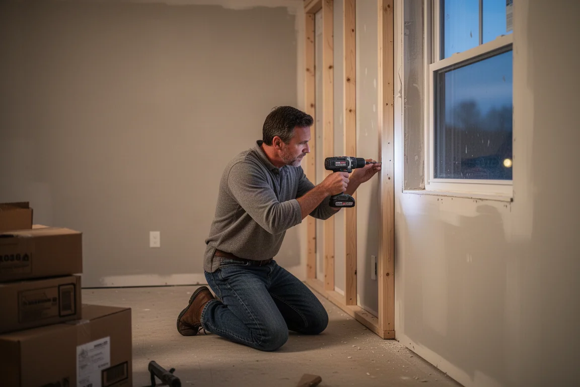 Un propriétaire perçant dans un montant de mur à l'intérieur d'une nouvelle maison sous une lumière douce de fin de journée