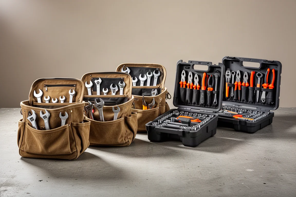 Ten home tool kits in bags and cases lined up on a concrete workshop surface