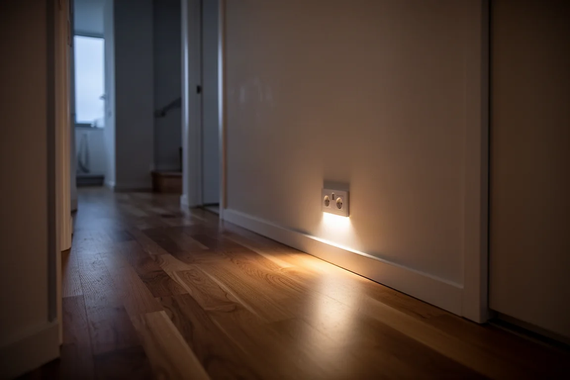 Luminária de tomada no corredor emitindo um brilho suave e quente pelo chão à noite