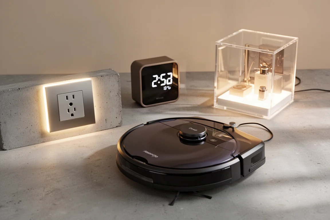 Flat-lay of modern home gadgets including a glowing outlet cover, robot vacuum, digital clock, and illuminated display case