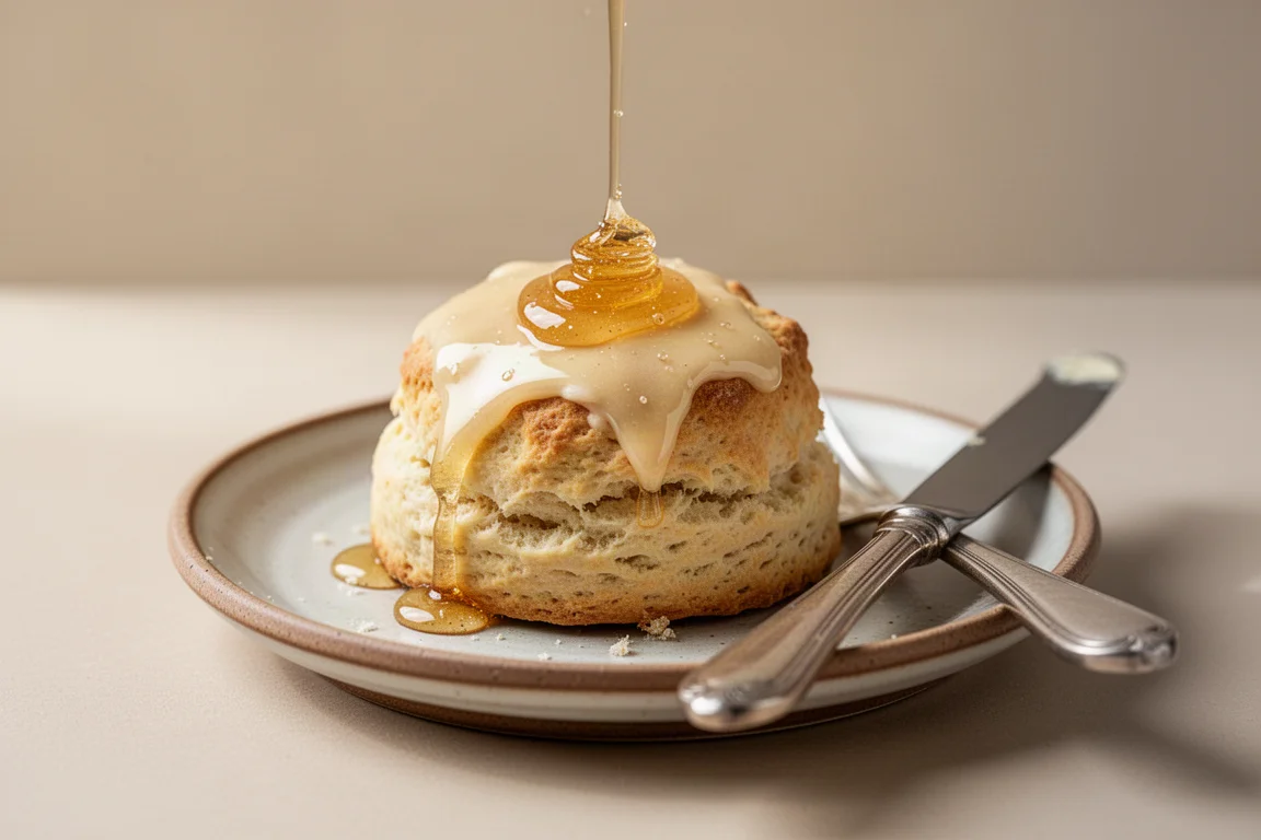 Miel cremada untada sobre una scone caliente con mantequilla