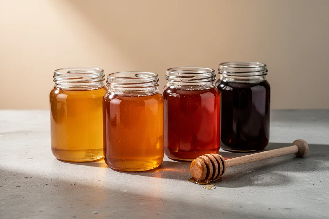 Four jars of honey in different shades with a wooden honey dipper on concrete