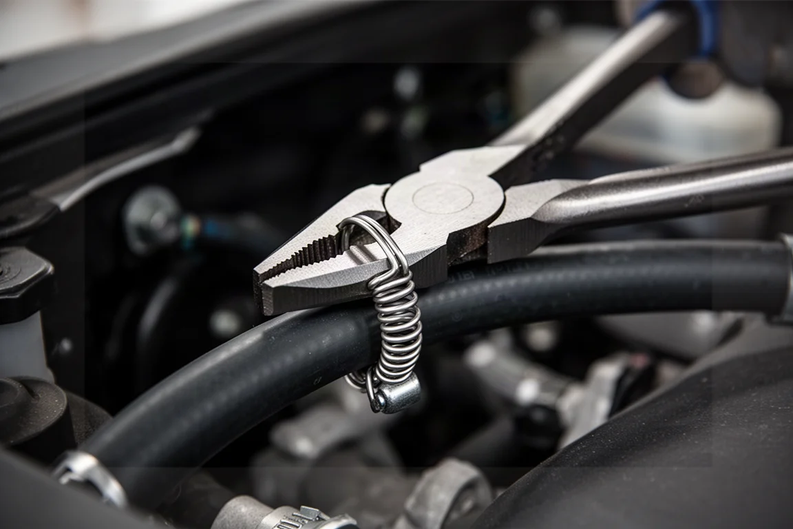 Zange greift eine Feder-Schlauchschelle an einem Gummischlauch im Motorraum
