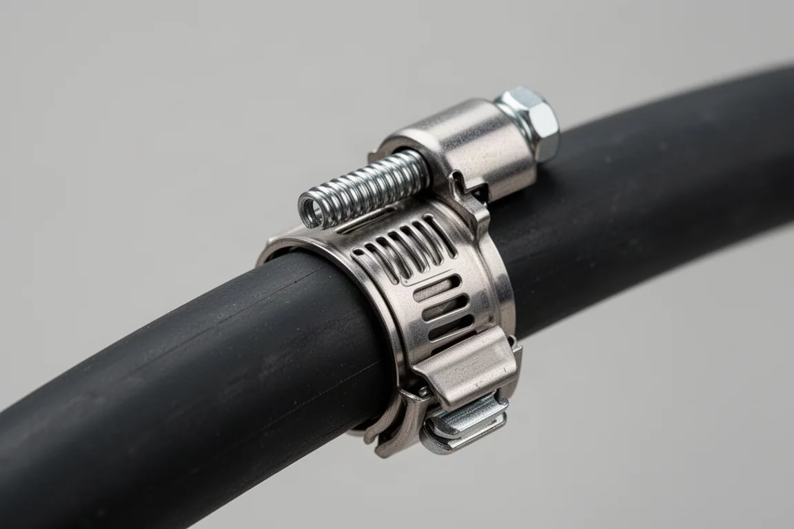 Abrazadera de tornillo sin fin de fabricación alemana sobre una manguera mostrando una alineación suave y precisa
