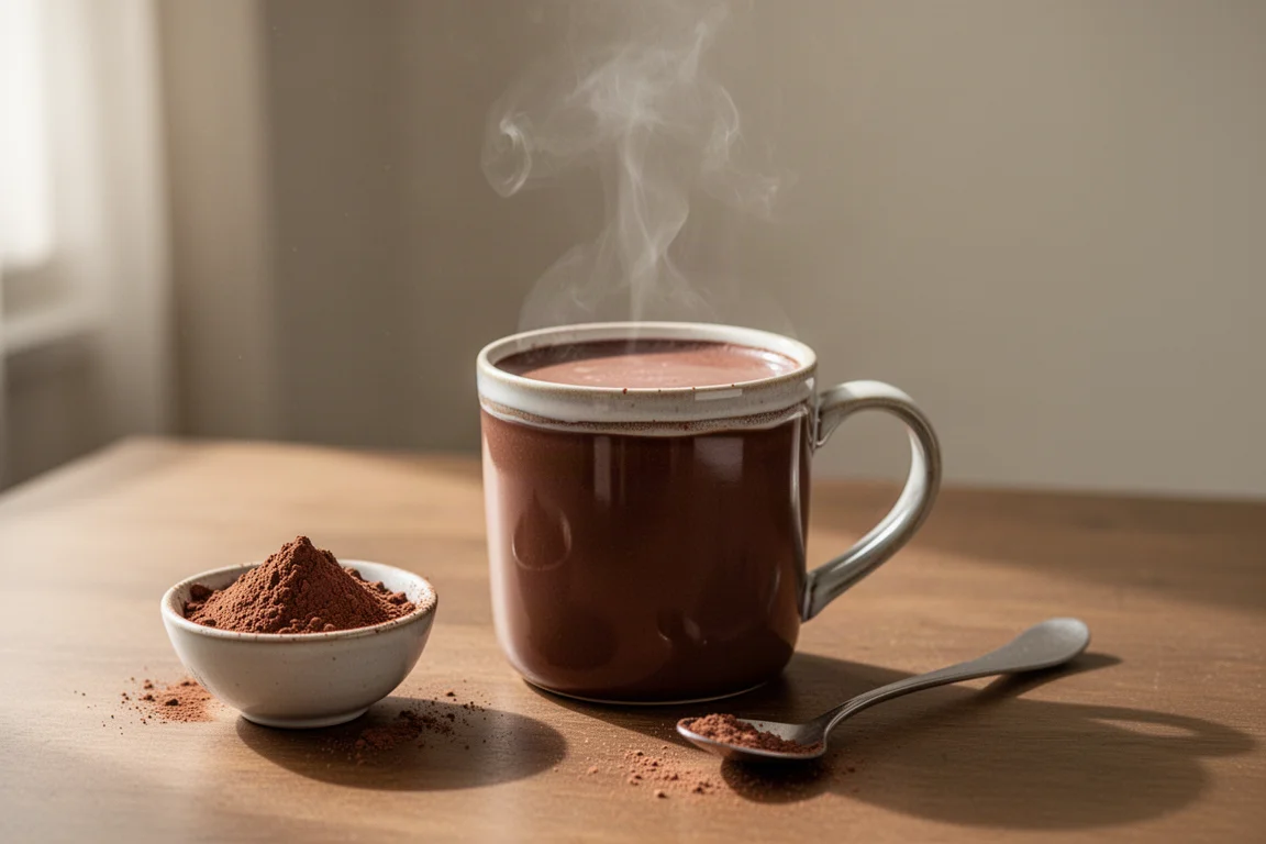 Steaming mug of hot chocolate on a wooden table with cocoa powder nearby