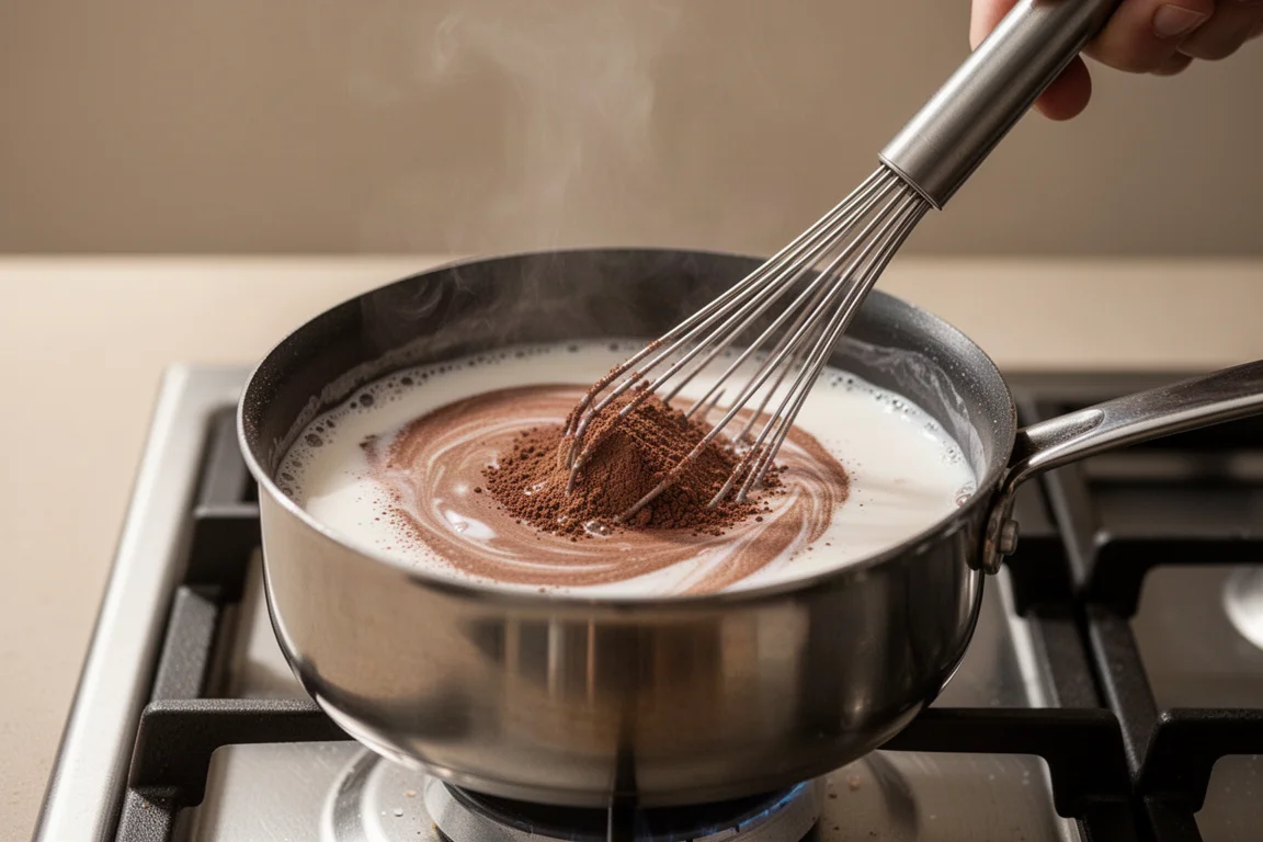 Hot chocolate powder being stirred into warm milk in a saucepan