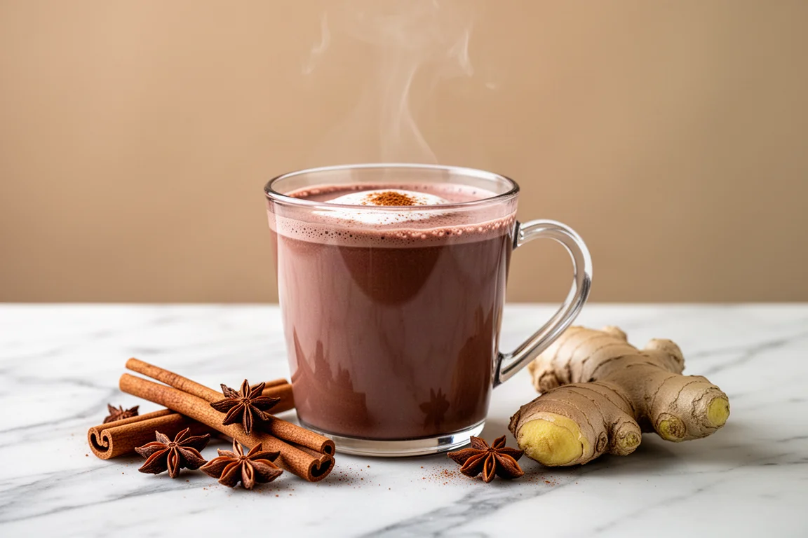 Spiced moka hot chocolate in a glass mug with cinnamon and spices nearby