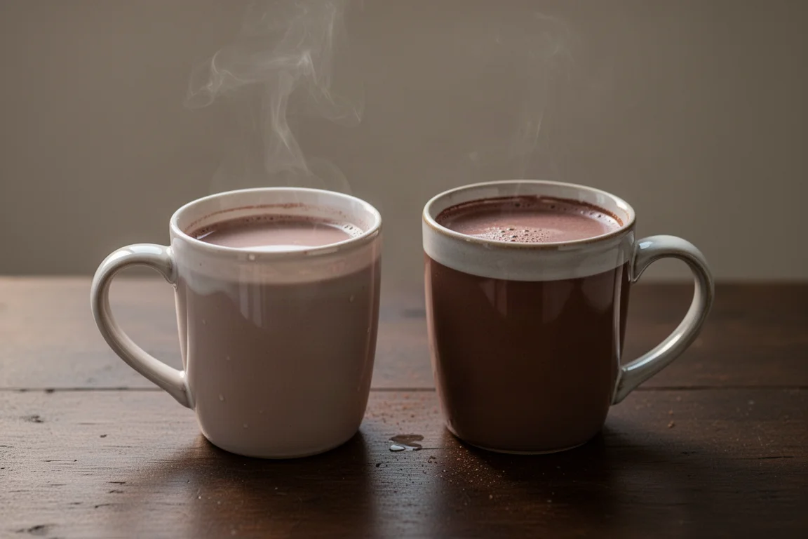 Two mugs of hot chocolate side by side on a table in soft evening light