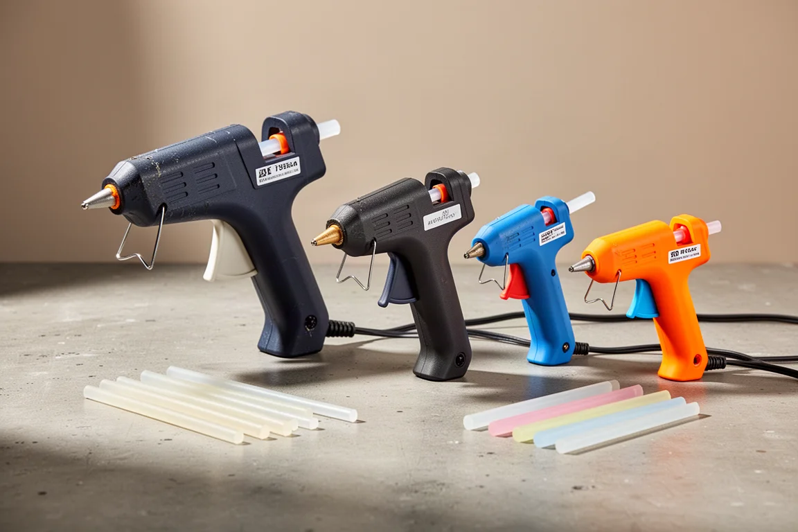Lineup of several hot glue guns of different sizes on a workshop surface