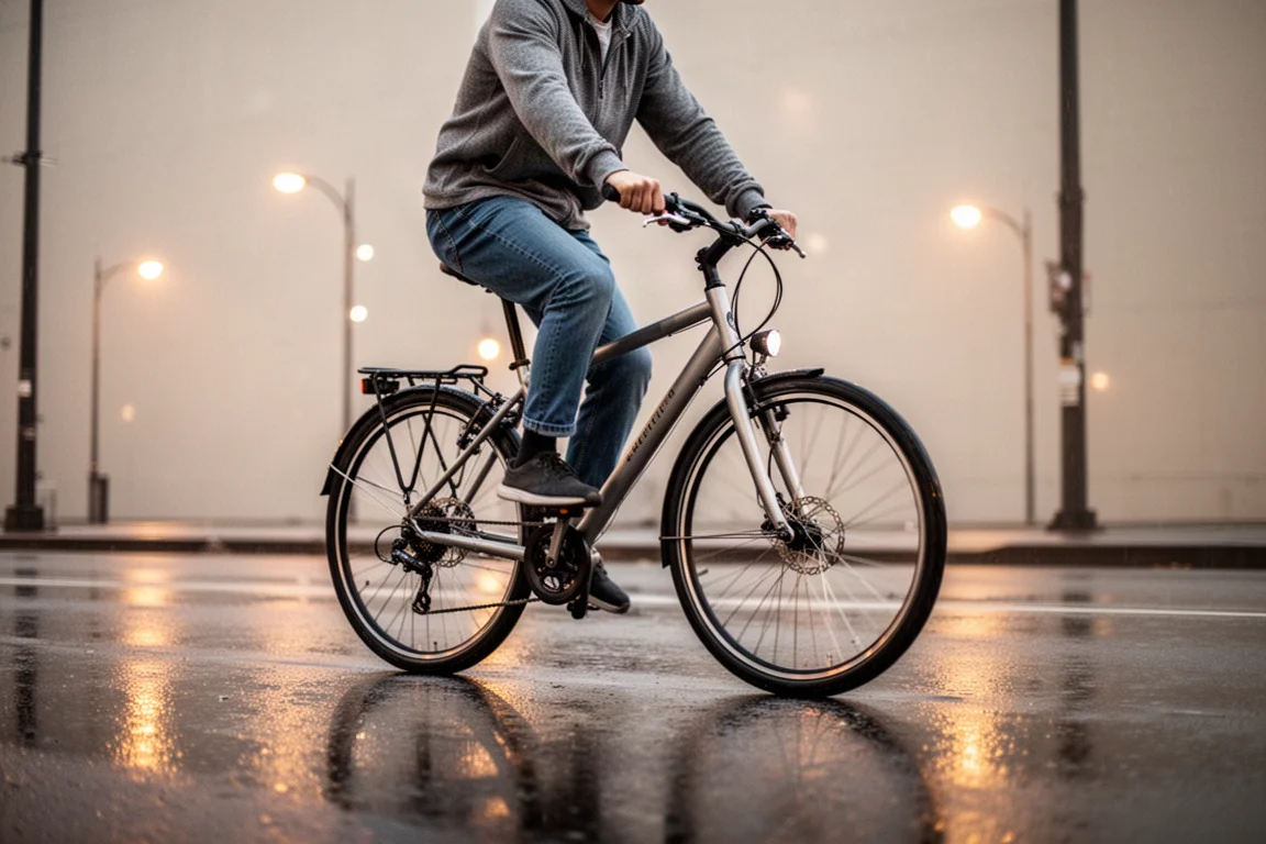 Ciclista che guida una bici ibrida su una strada cittadina al crepuscolo